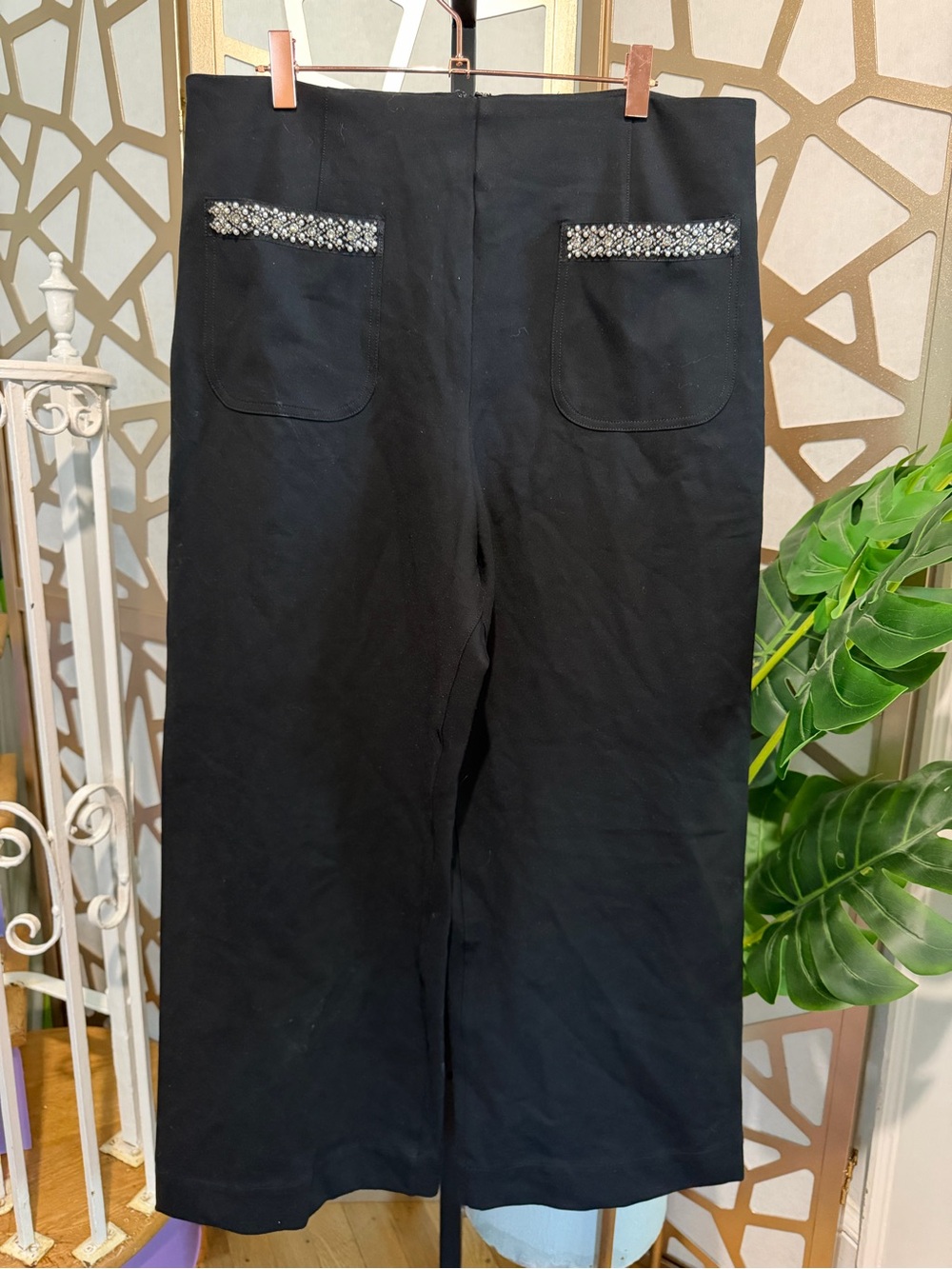 Maeve The Colette Black Wide Leg Cropped Pants Beaded Pockets Size 32